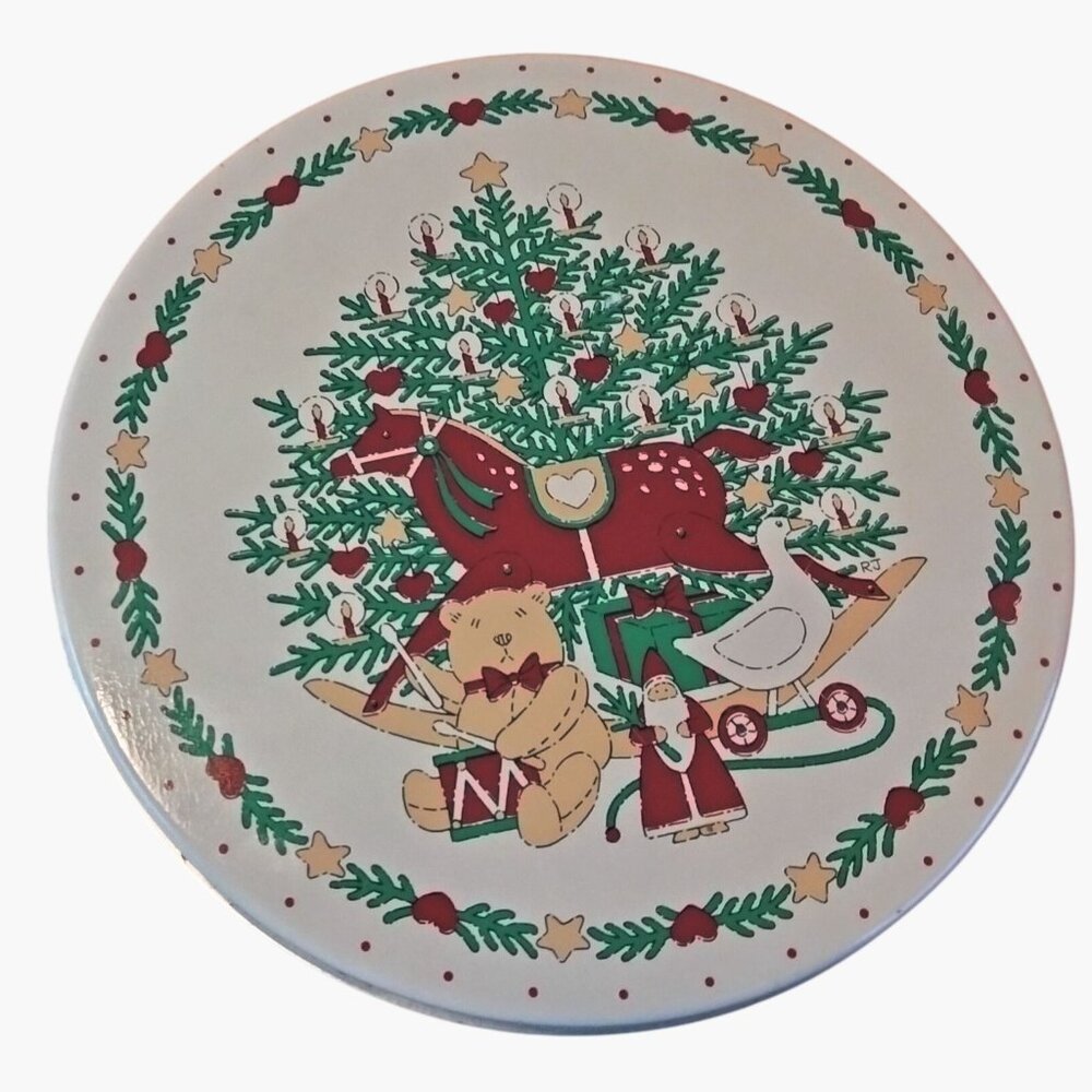 Christmas Tree Round Metal Tin Toy Holiday Design Cookie Container 6 inch